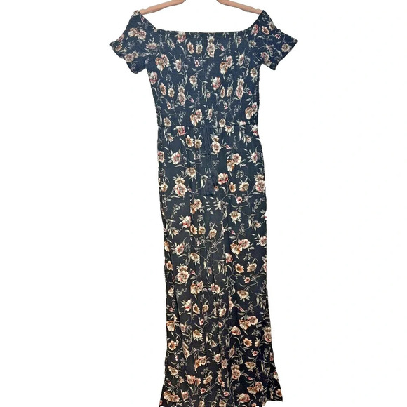 Xhilaration Smocked Floral Wide Leg Jumpsuit Sz M Dark Cottagecore Fairy Stretch - Picture 2 of 9
